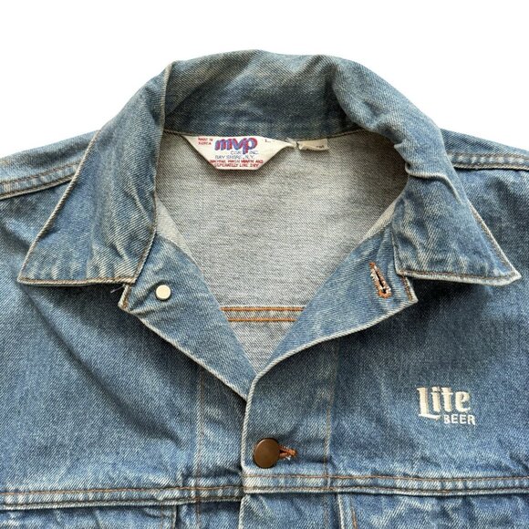 VTG MVP Cor Inc MILLER LITE Blue Denim Jean Jacket Distressed Men's Size Large - Picture 2 of 16